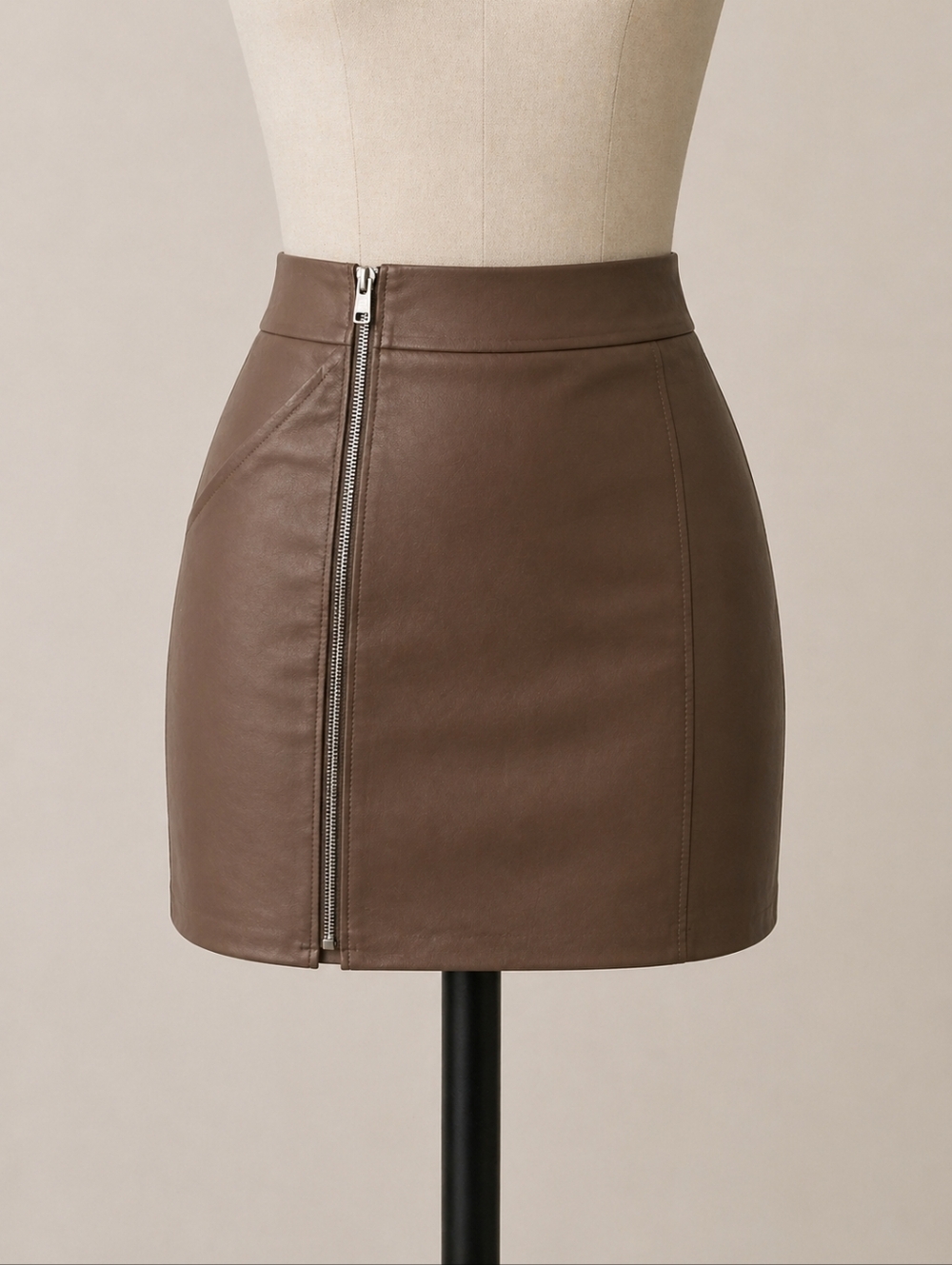 Brown Faux Leather Zip-Front Mini Skirt